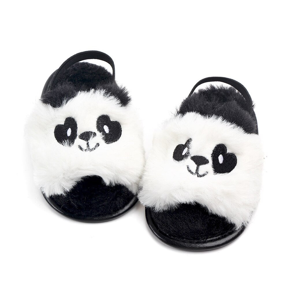 Bonitas zapatillas de bebé, sandalias con patrón de animales para niños pequeños, zapatos para niñas, lindas suelas blandas de piel esponjosa, zapatos antideslizantes para cuna