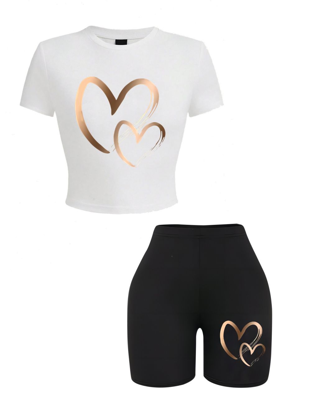 Sommer-Damen-schlank-passen-T-Hemden und kurze Hose, 2-teiliges einstellen, einfache Herzenmuster, Drucke, bauchfreie Spitzen, modische, hochelastische, weiche Kleidung: M / Schwarz
