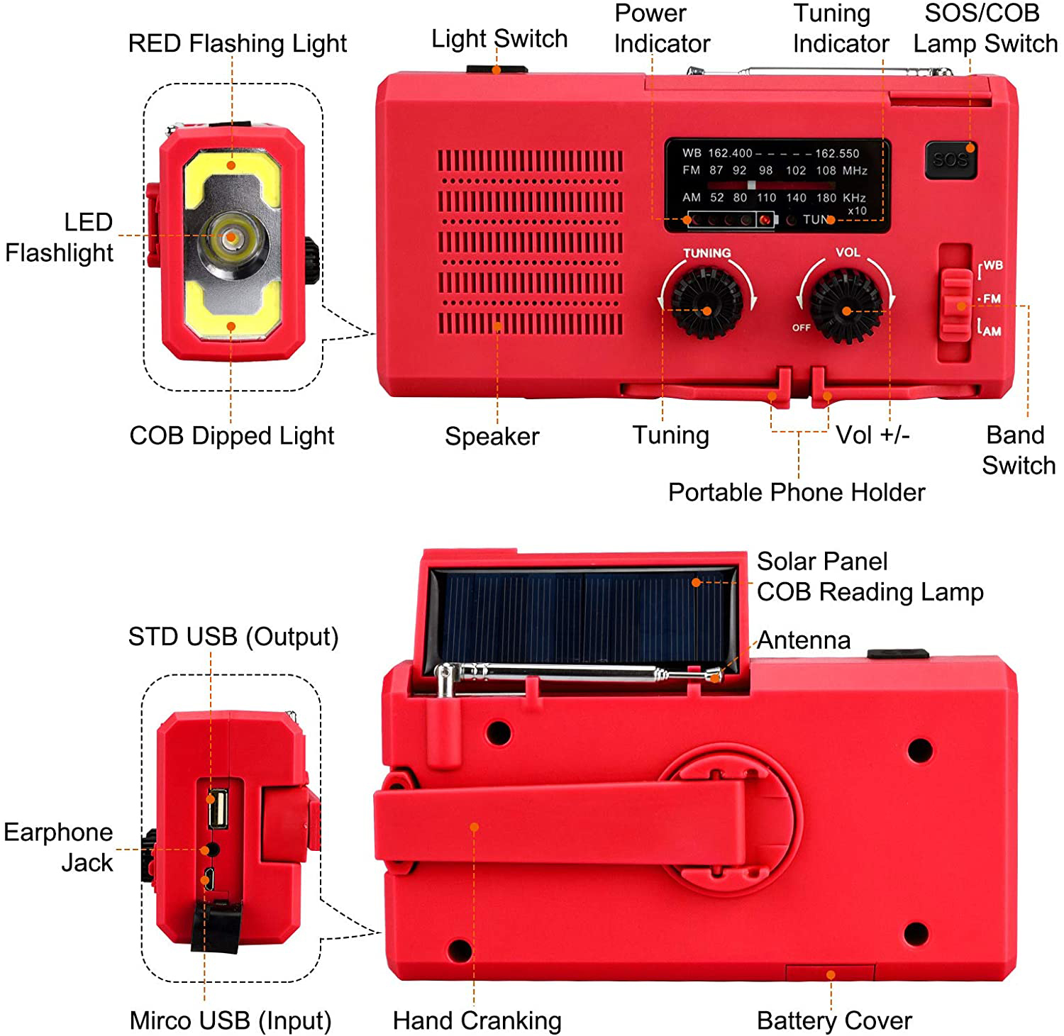 Emergency Solar Power Hand Crank Dynamo Generator 4000Mah Telefoon Oplader Bank Sos Am/Fm Noaa Weer Cob zaklamp Radio