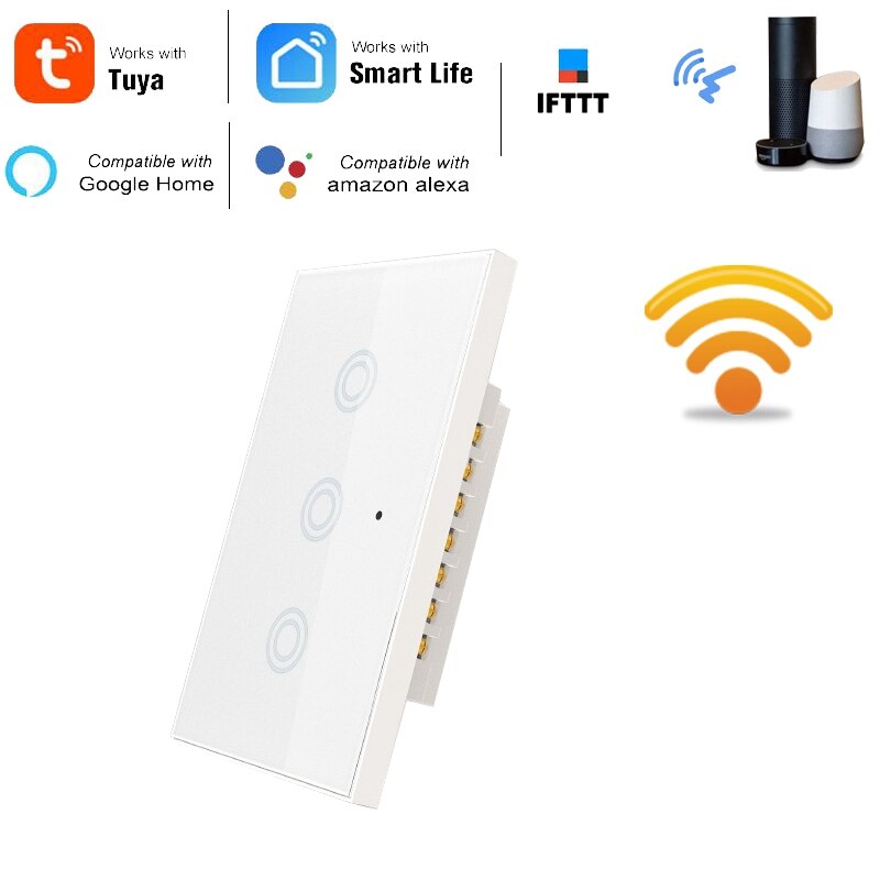 3Gang Press Switch Remote Control Smart Wifi Wall Light Switch Smart Life Tuya APP Work with Alexa Echo Google Home US Plug