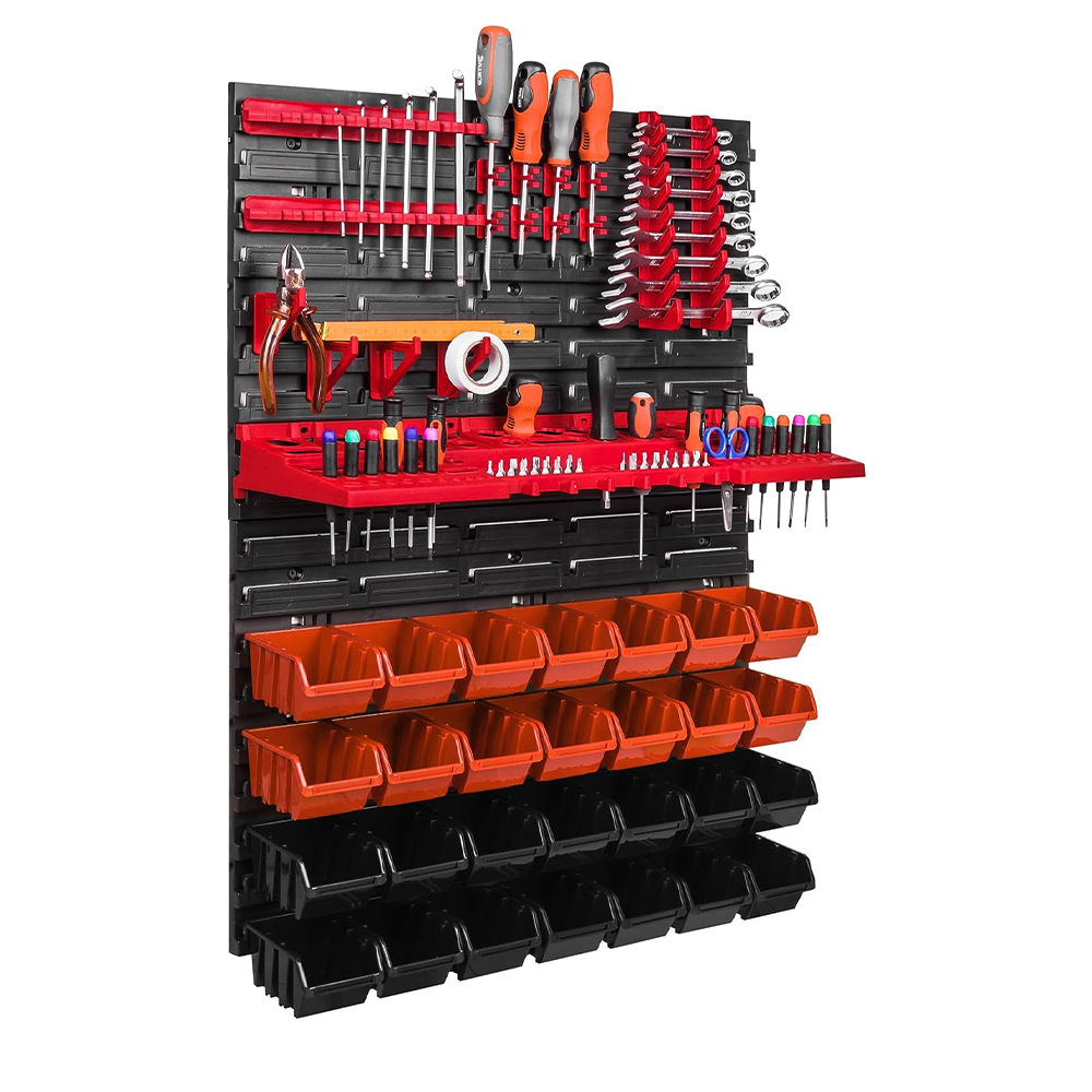 Wall Mounted Storage Bins 28-Bin Parts Rack Organizer Garage with 2PCS Wall Panels Hooks Plastic Shop Tool for Screw Nails