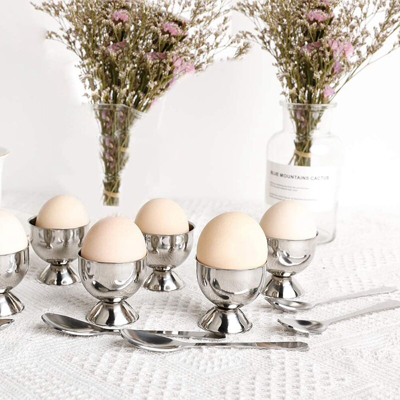 Eggekopper i rustfritt stål satt til hardt myke kokte egg med 6 eggekoppholdere 6 eggeskjeer, nyt eggekopper frokost