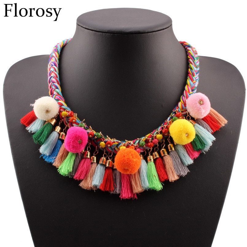 Florosy Erklärung Chunky Quaste Anhänger Halskette Für Frauen Bunte Seil Geflochtene Kette Baumwolle Ball Acryl Perle Halskette Schmuck