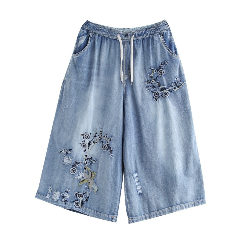 Chinese Style Women&#39;S Jeans Vintage Denim Chinese Trousers Womens Embroider Jeans Kung Fu Pants Ethnic Wide Leg Pants 10370