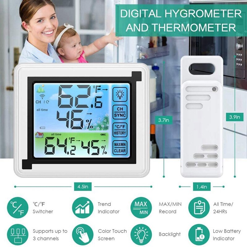 Wireless Weather Station Indoor Outdoor Thermometer with Sensor, Digital Temperature Humidity Monitor with LCD Backlight