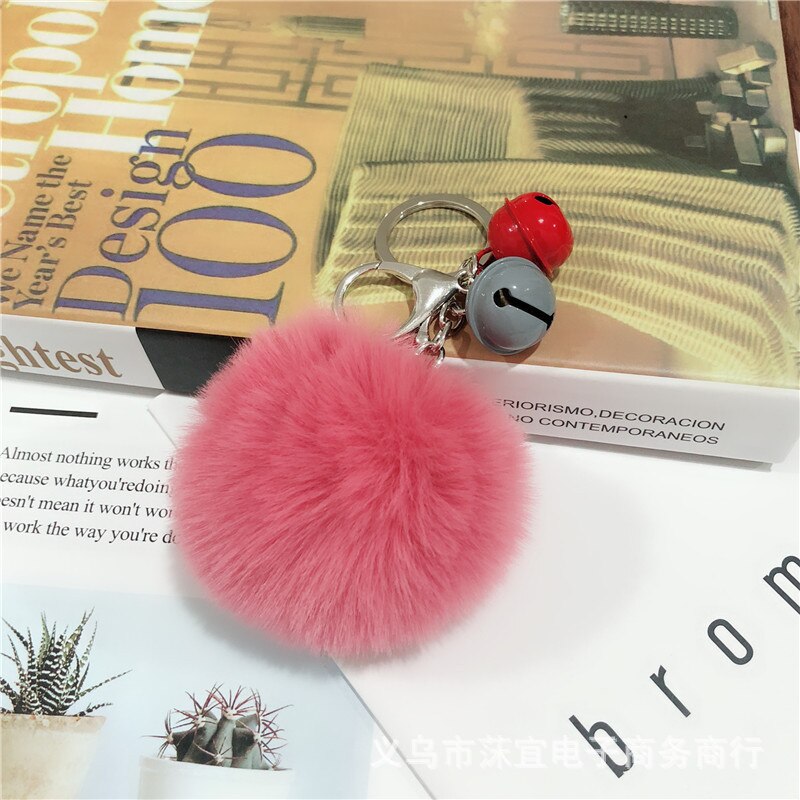 -love 8cm faux rex kanin pom-pom nøglering tiy kontrast farve klokke par taske tilbehør sydkorea små smykker tilbehør: Bønnepasta