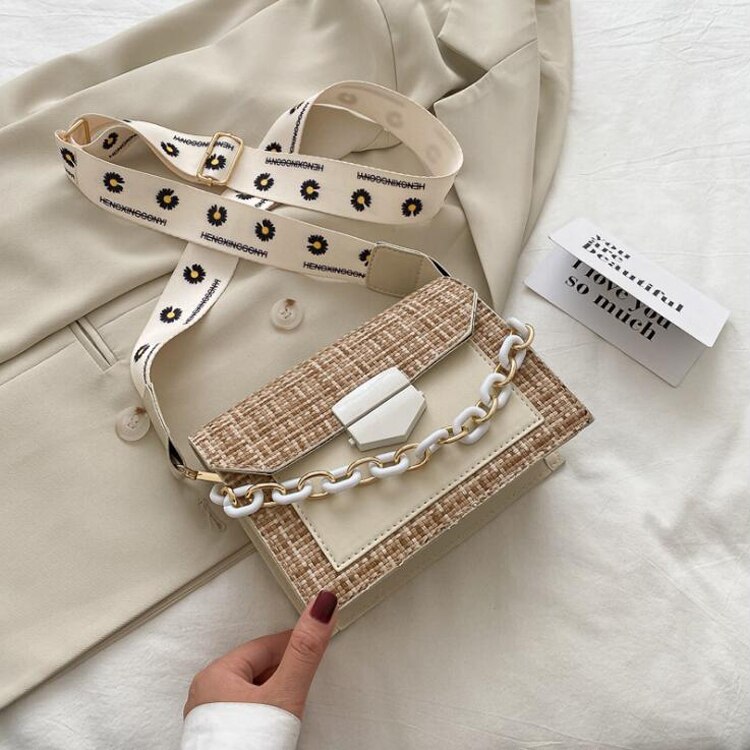 Skuldervesker med bred stropp for kvinner, damevesker og vesker, chain messenger crossbody-vesker: Beige