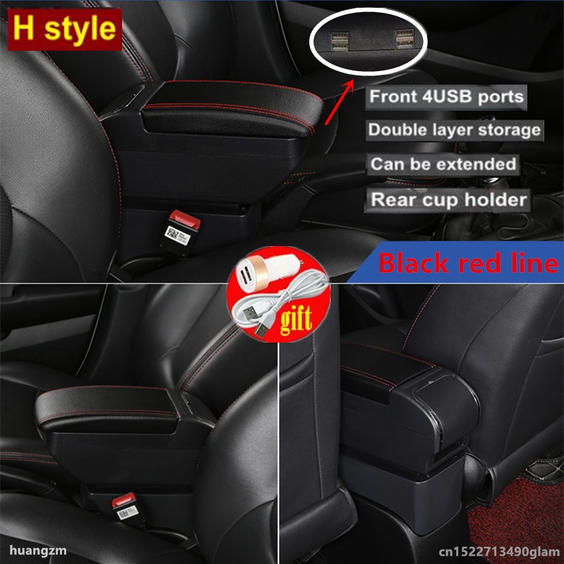 For MG ZS armrest box central Store content box car-styling decoration accessory With cup holder USB: H Black Red 4 USB