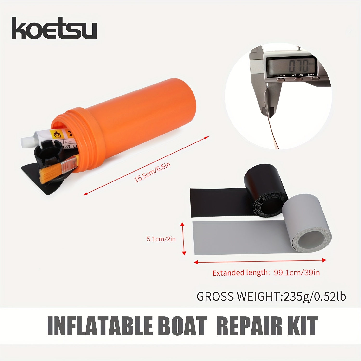 KOETSU 1 PVC Boat Repair Kit for Kayaks Inflatable Boats Floating Docks - Includes Black & Gray Fabric Patches Adhesive Tools