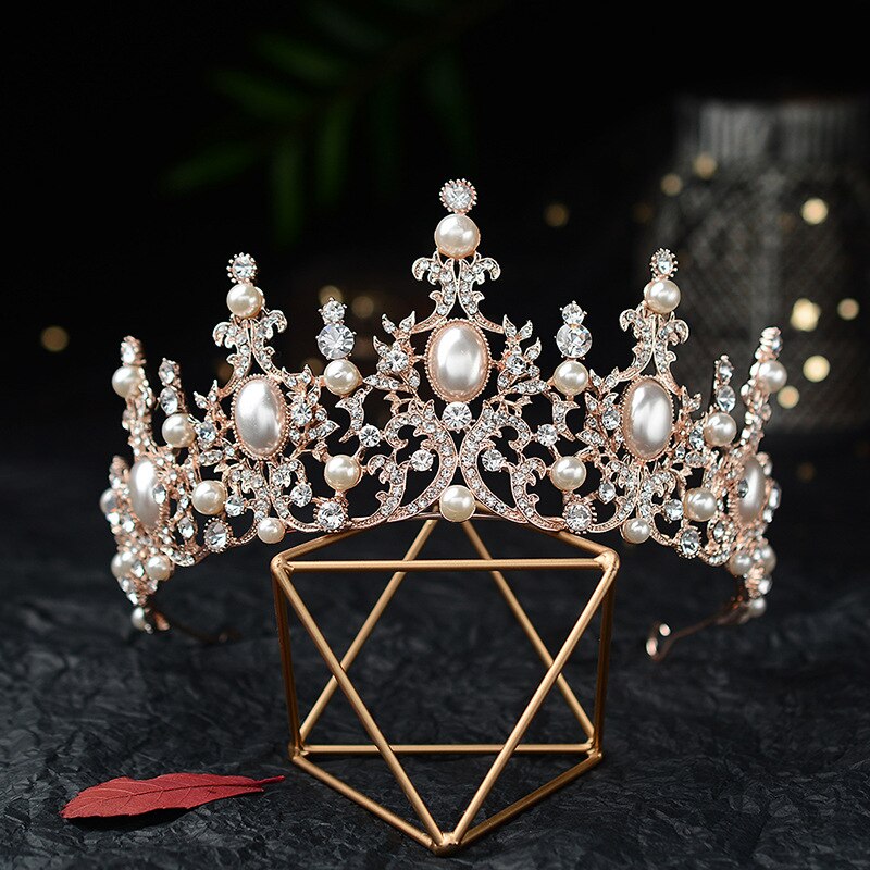 Barroco luxo prata chapeado pérolas de cristal tiaras nupcial coroa strass pageant diadem cz hairbands casamento acessórios para o cabelo: Rose Gold