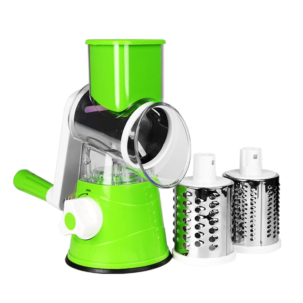Cortador de verduras, ralladores rotativos manuales para queso, mandolina redonda, trituradora con 3 cuchillas de acero inoxidable, accesorios de cocina: Verde