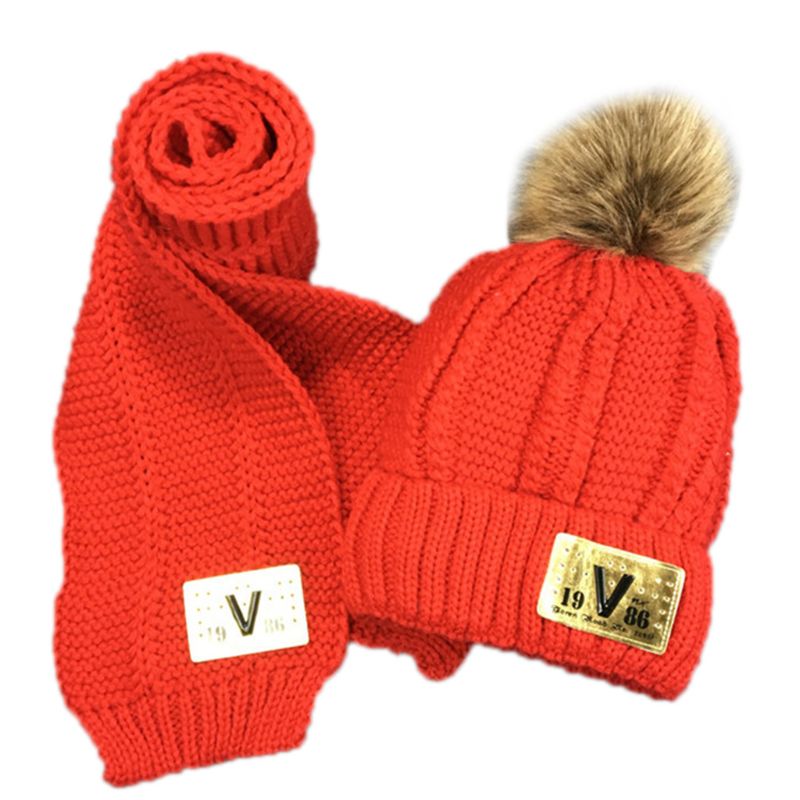 Småbørn børn vinter chunky hæklet pompon varm foring beanie hat langt tørklæde sæt: Rød