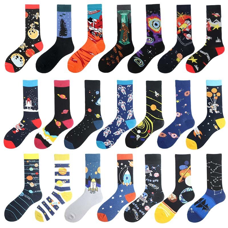 Moda szczęśliwy zabawny dla obu płci malarstwo UFO astronauta rakieta kosmiczna gwiezdne wojny męskie skarpetki Streetwear bawełna mężczyzna deskorolka chłopców
