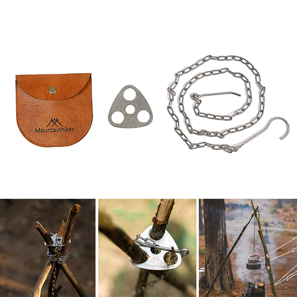 Soporte de maceta colgante de trípode de Camping con bolsa de almacenamiento de cuero, colgador de estante de barbacoa, longitud ajustable, anillo de trípode de cadena para Picnic de campamento