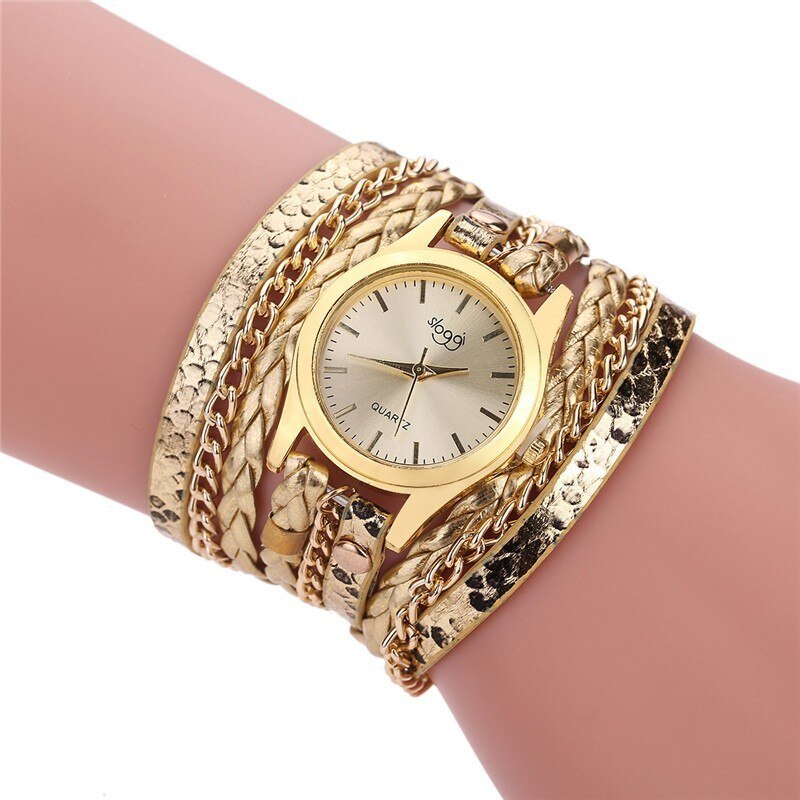 de luxe en cuir montre à Quartz femmes dames décontracté Bracelet montre-Bracelet horloge relogio feminino léopard tressé femme: Or