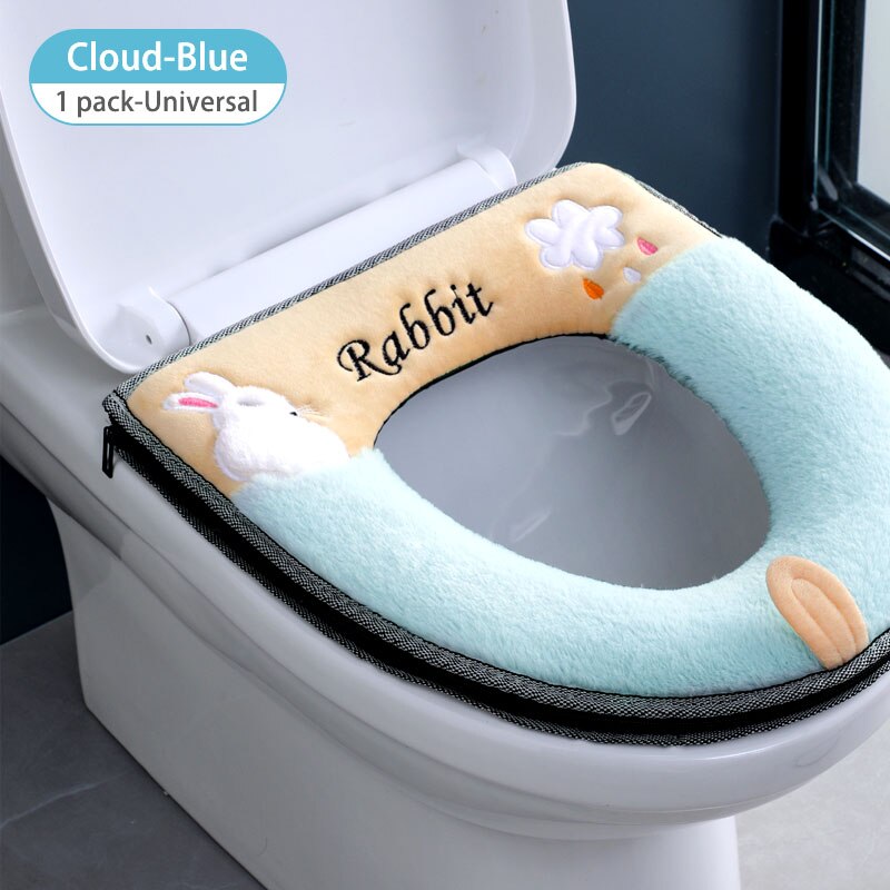 Bathroom Toilet Seat Cover Set Thicken Soft Coral Velvet Rainbow Color Zipper Toilet Case Warm Waterproof WC Potty Cover SWZ024: Strawberry-blue