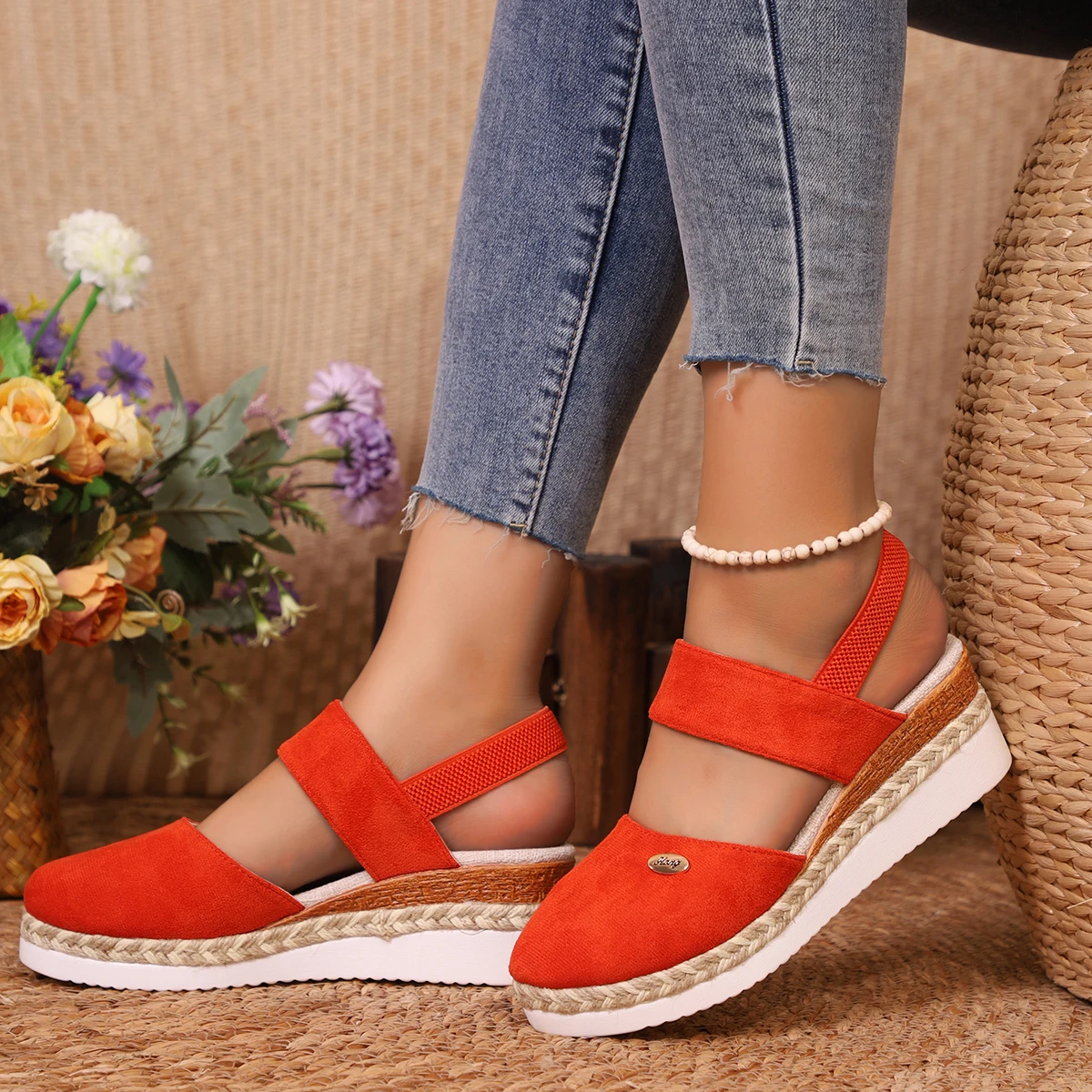 Sandales à l'offre elles compensées pour femmes, chaussures de gladiateur, Espadrilles à plateforme, Fermées, Été: Orange / 41