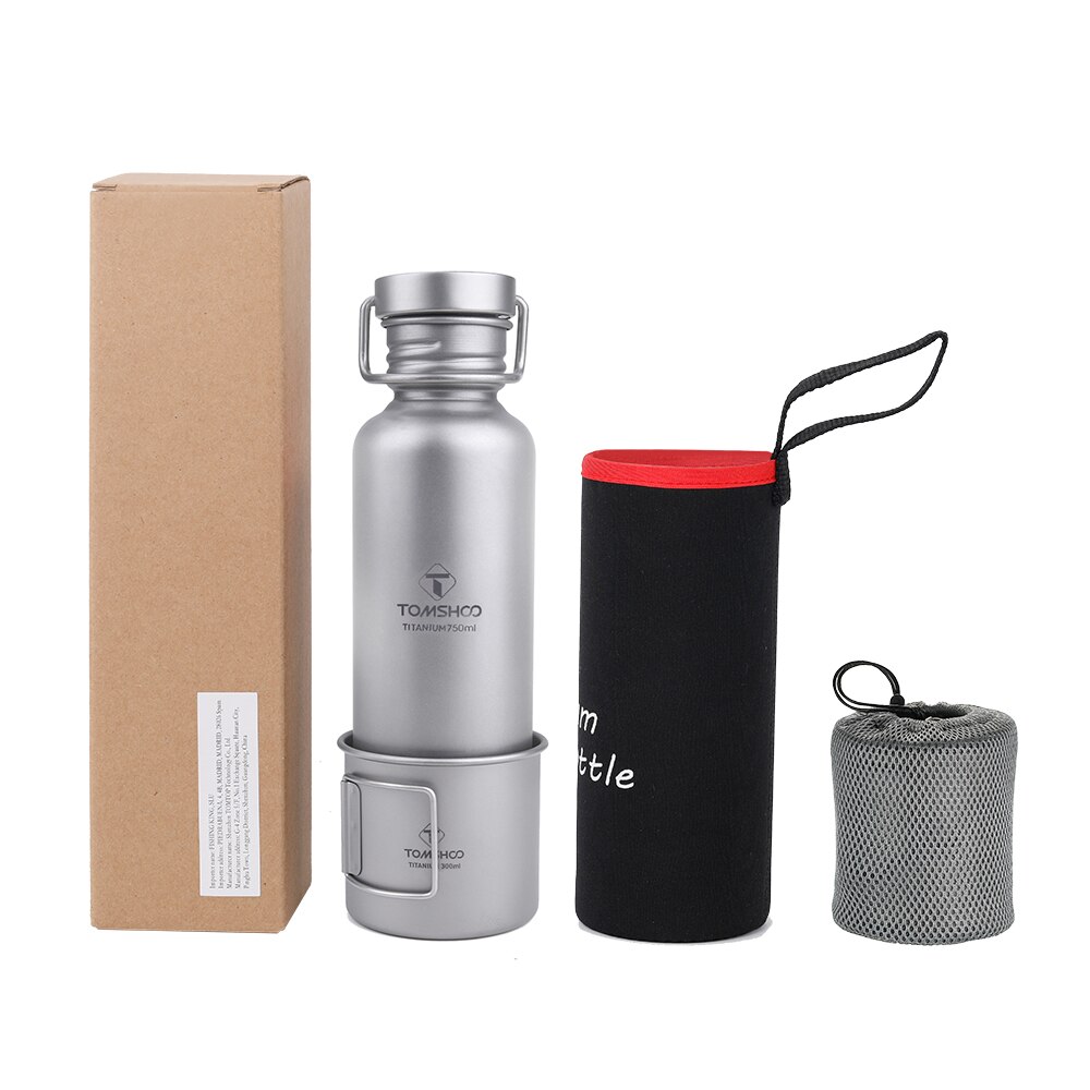 TOMSHOO 600ml/750ml pełna tytanowa butelka wody z dodatkową plastikowa pokrywka ultralekka zewnętrzna na kemping, wyprawę, wioślarz tytanowa miseczka