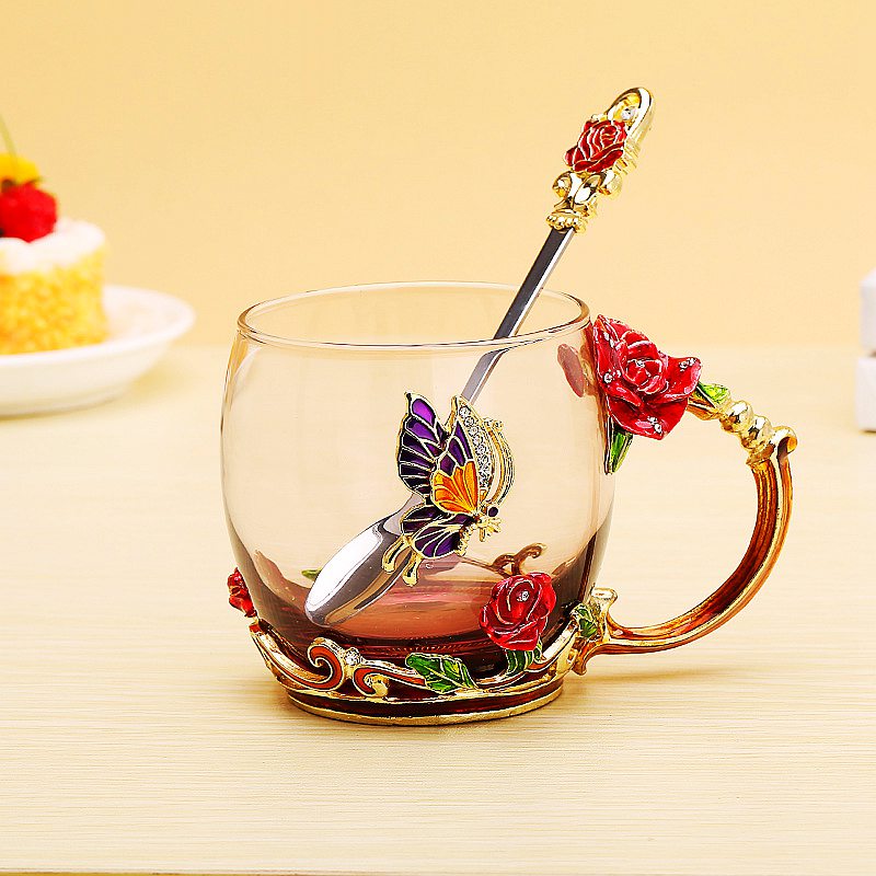 Red Blue Rose Enamel Crystal Tea Cup Coffee Mug Butterfly Rose Painted Flower Water Cups Clear Glass with Spoon Set Perfect: Red roses 320ML