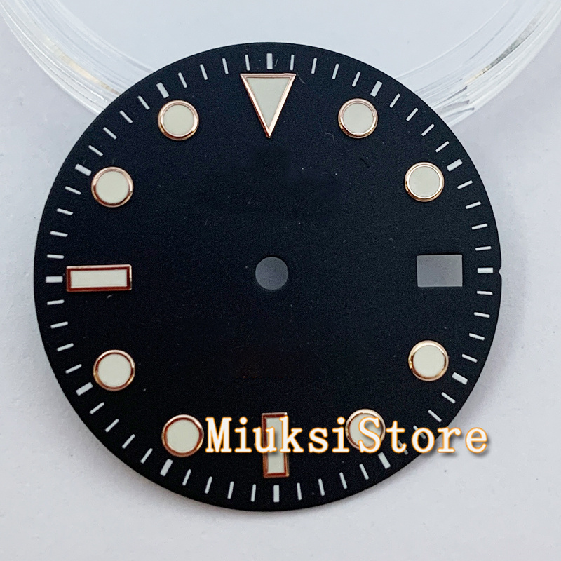 29Mm NH35 Wijzerplaat Steriele Zwart Groen Blauw Roze Horloge Wijzerplaat Met Datum Venster Voor NH35 NH35A Automatische Beweging accessoire Onderdelen: Black-rosegoldedge-N