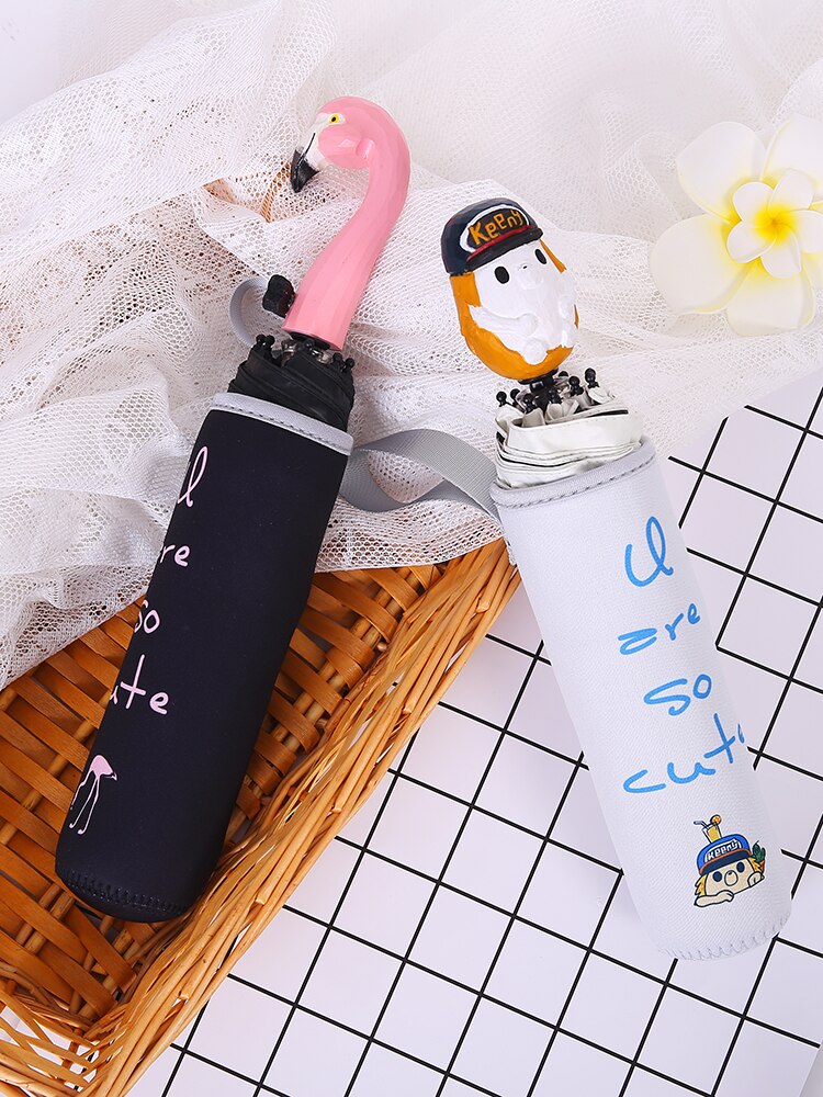 Creatieve Leuke Cartoon Paraplu Flamingo Dier Zon Regen Houtsnijwerk Handvat Paraplu Meisje Volwassen Zon Meisje Paraplu 3 Vouwen U5U