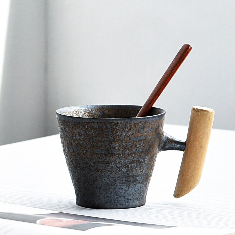 Japanischen stil Jahrgang Keramik Kaffee Becher Tee Tasse Becher Rost Glasur Büro Tee Milch Bahre Becher mit löffel Holz Griff wasser Tasse: Stil1 A