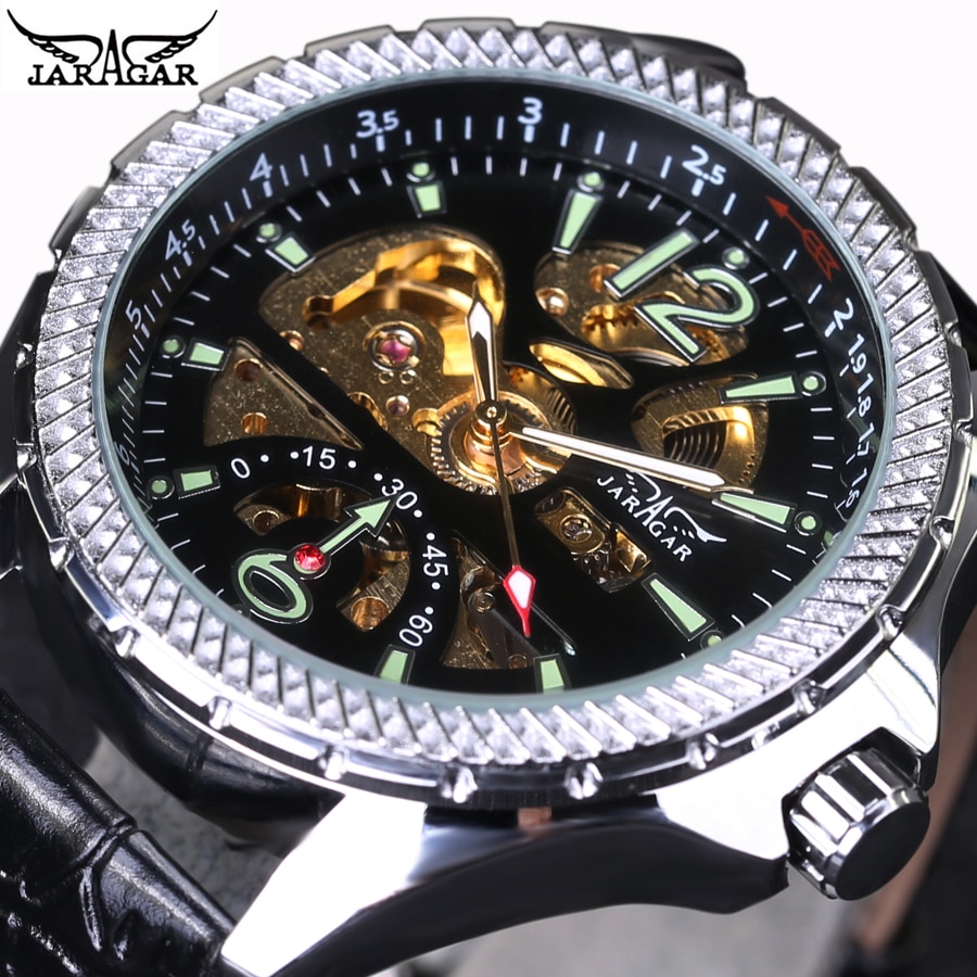 Mode Automatische Mechanische Horloge Man Jaragar Hoge Sterkte Glas Zwarte Band Mannen Horloges Skelet relogio masculino