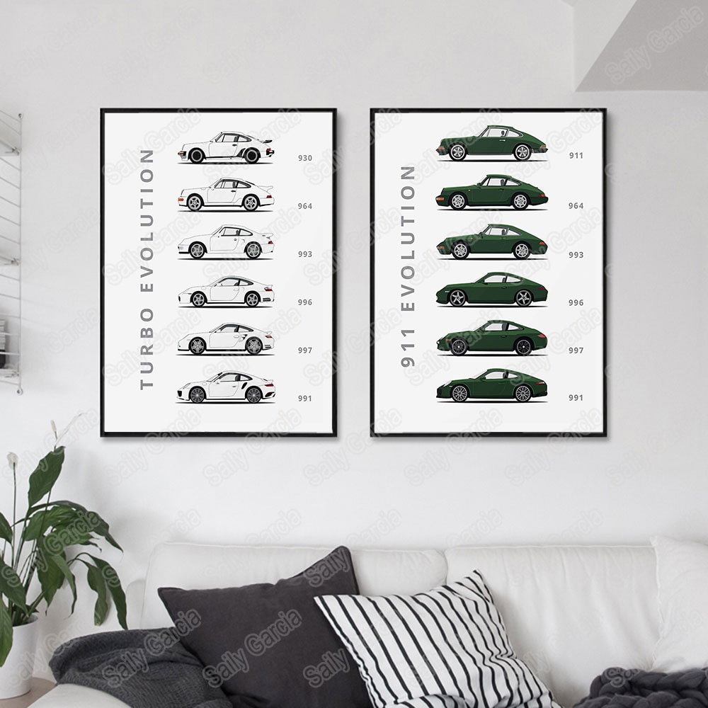 The evolution  of 911 och turbo abstrakt canvas målning färgglad bilaffisch och tryck modern stil heminredning väggkonstbild