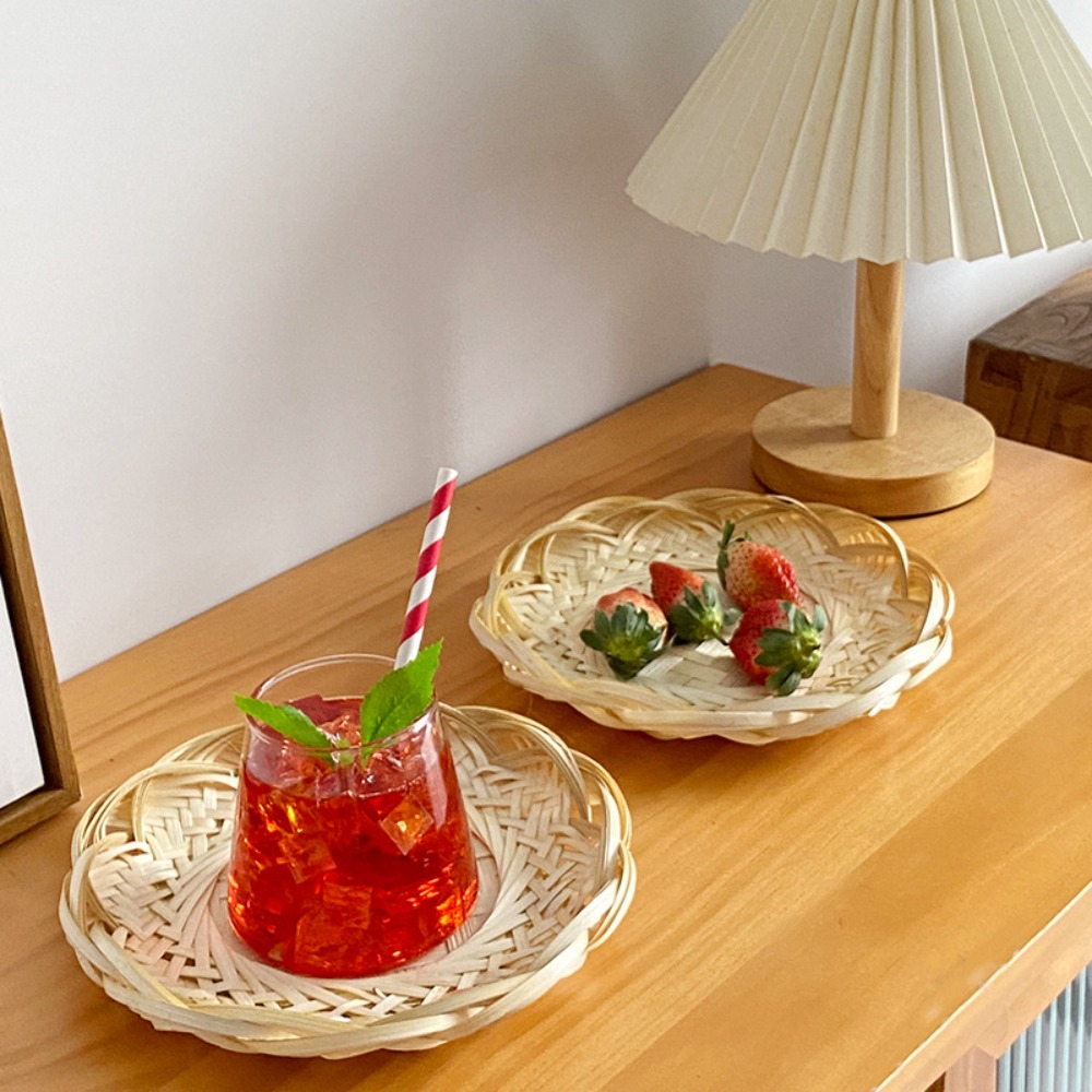 Multifunctioneel handgemaakt bamboe broodbakje geweven ronde dessertbord Japanse retro sushi serveerschaal koffie