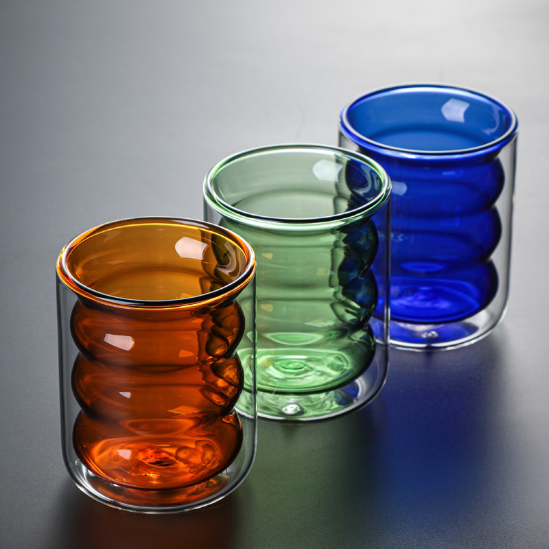 2pcs Color Spiral Glass Double Layer Cup Milk Cup Coffee Mousse Cup Glass Juice Cup Glass Drinkware Restaurant Household Bar