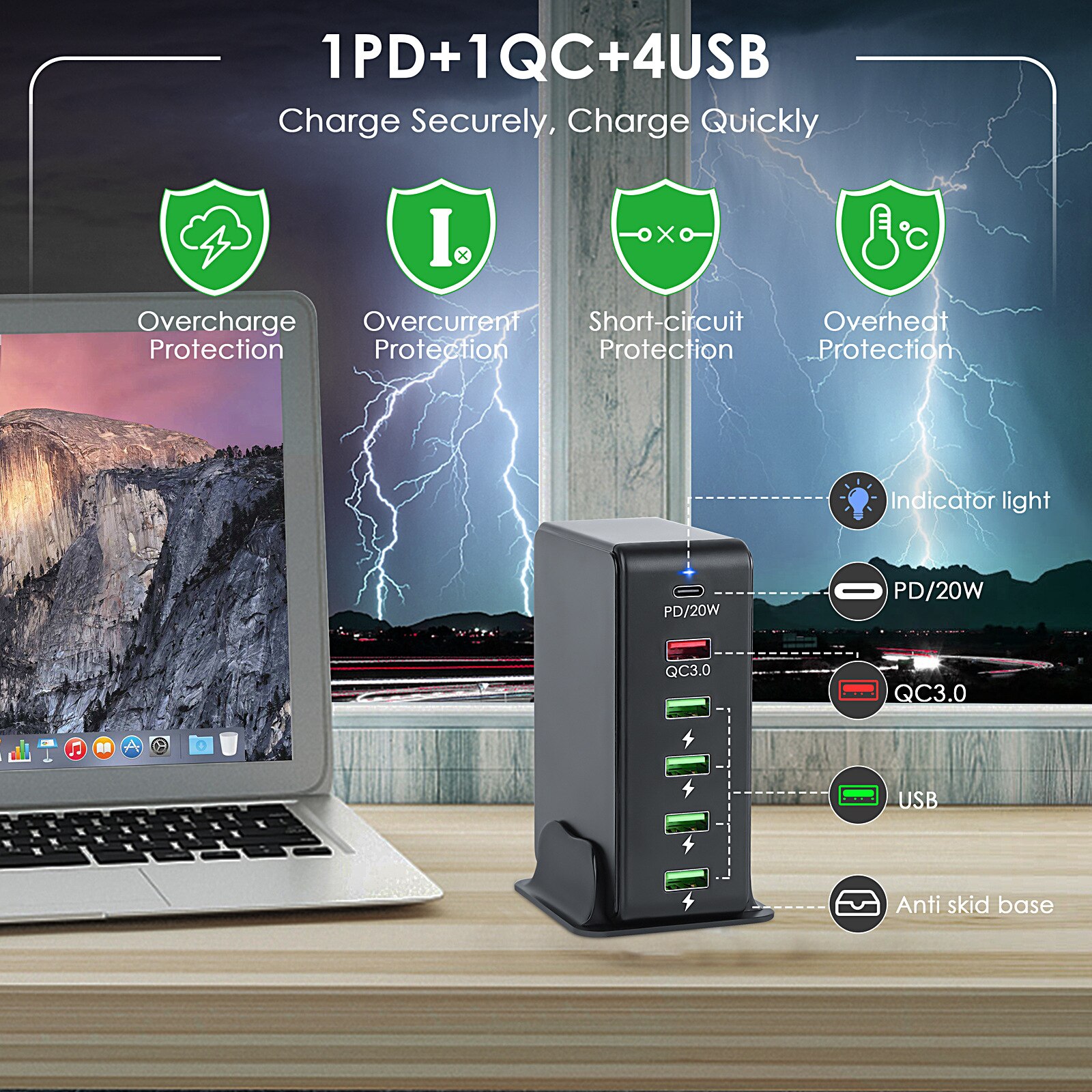 65W 6 Poorten Usb C Lader Met Stand Fast Charger Met 1 USB-C 20W Pd + 1 QC3.0 + 4 Usb Laadstation