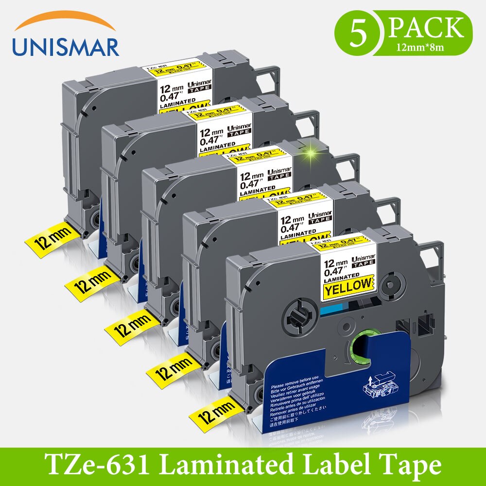 Unismar 6PCS for TZe131 TZe-231 TZe-431 TZe-531 TZe-631 TZe-731 Laminated Labeling Tape for Brother P-Touch PTD210 PTH100 PTD600: 5PK Black on Yellow