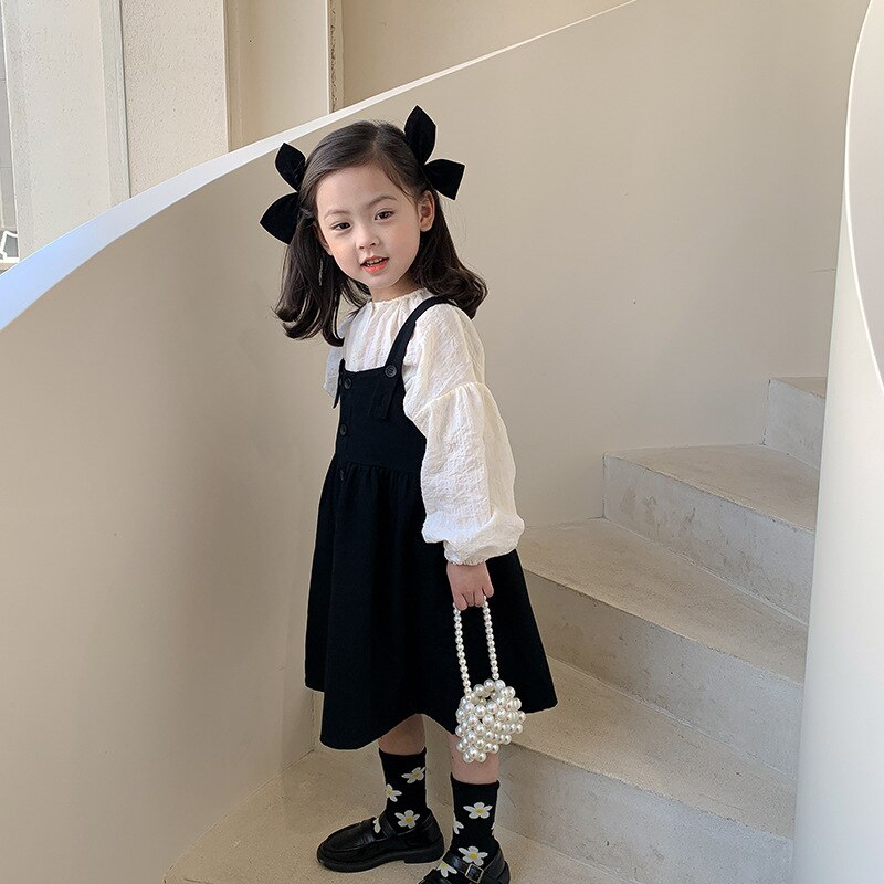 Meisjes Lente Mode Witte Blouse En Zwarte Overalls Jurk Kinderen Alle-Match Outfits 2 Stuks Sets