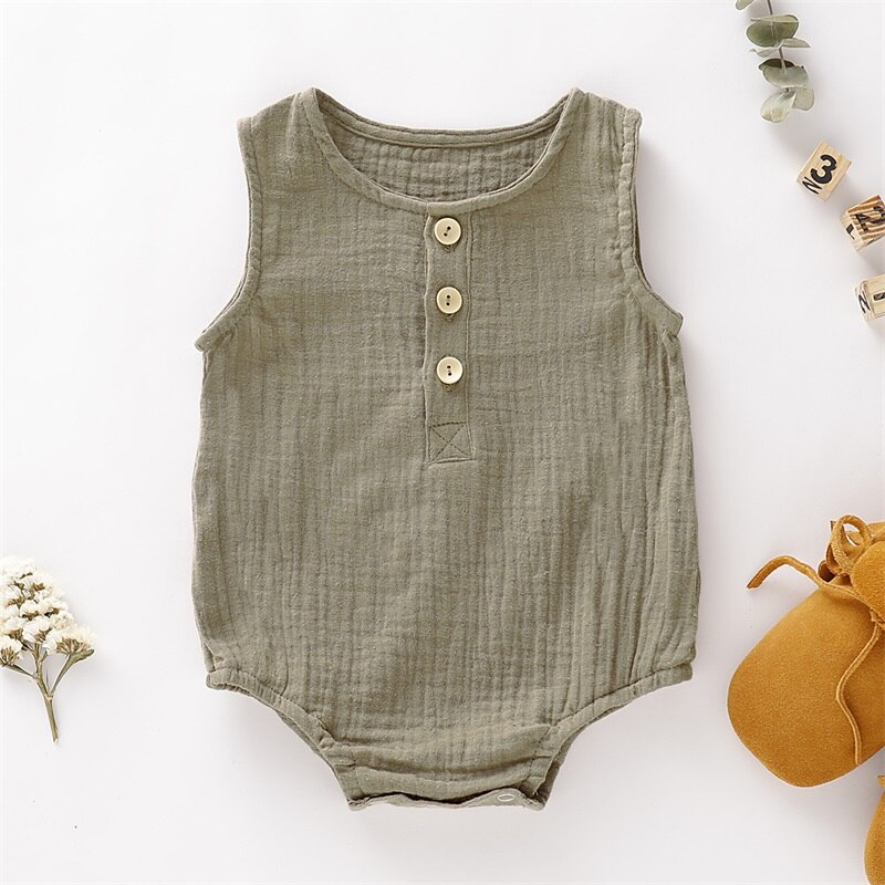 Monos sin mangas para bebé, niño y niña de algodón y lino para peleles, ropa de una sola pieza: Khaki / 100