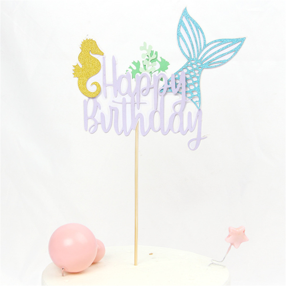 Mermaid Tail Happy Birthday Cake Topper Cake Decoration Flags Baby Boy Girl Kids Party Decoration Supplies Baby Shower Favor: purple