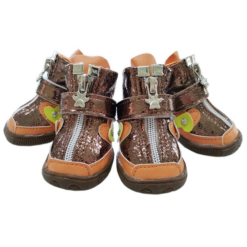 4pcs/set Pet Dog Shoes All Seasons Available Breathable Anti-slip Reflective Pet Dog Boots Pavement Paw Protector Shoes: Gold / 4
