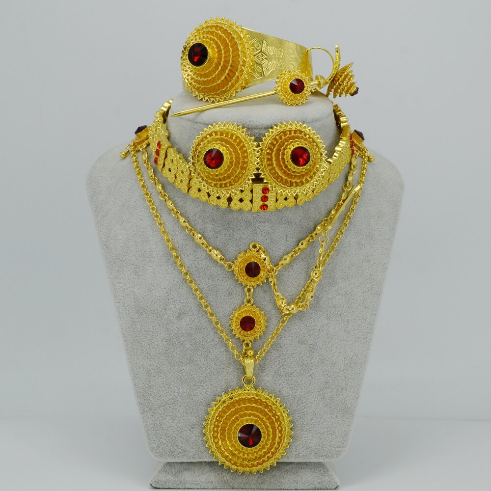 Anniyo-ensembles de bijoux éthiopiens, collier, Chokers, collier/chaîne frontale, boucles d'oreilles, bracelet, épingle à cheveux, anneau, Habesha, de mariage #028706