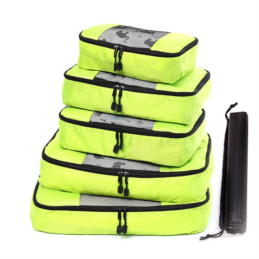 Men Women Children's Nylon Foldable Travel Bag Large Capacity Hand Luggage Waterproof Packing Cubes Travel Luggage Organizer: GREEN 5 Set