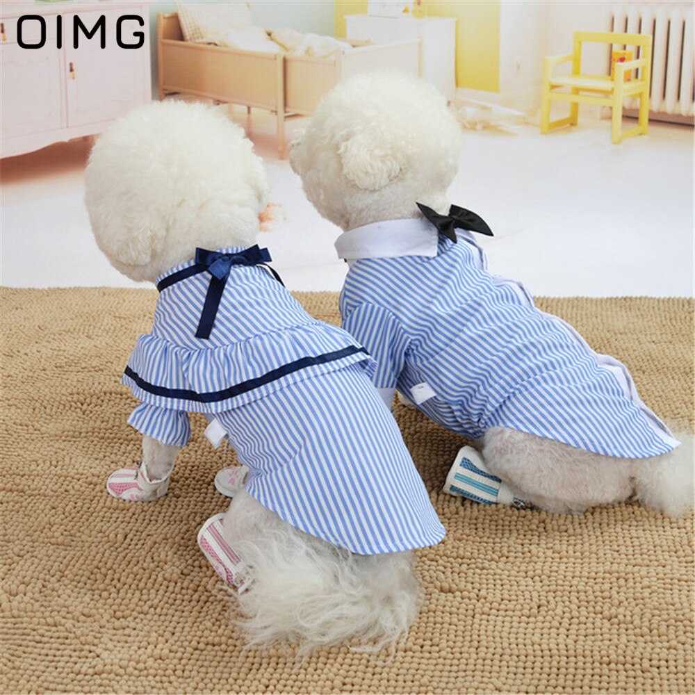 Oimg Zomer Puppy Kleding Pommeren Chihuahua Teddy Koppels Blauw Huisdier Kledingstuk Gentleman Jongen Hond Shirts Fancy Strepen Hond Jurken