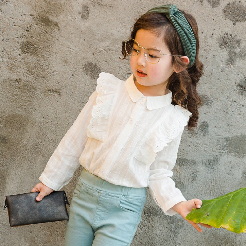White Blouses For Girls Lace Kids Girls Clothes Long Sleeve Spring Turn-down Collar Child School Blouse Children Shirts