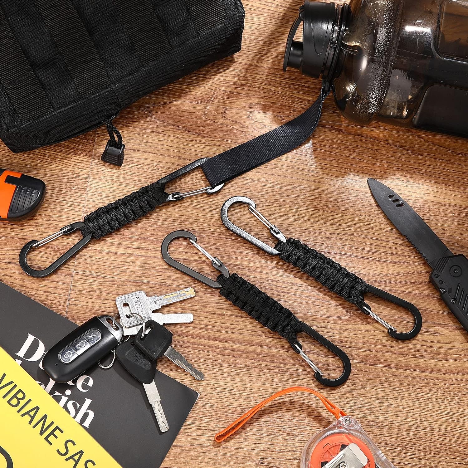 Paracord nyckelring dubbel karbinhake flätad nyckelband överlevnad nödknut verktyg för nycklar utomhus camping vandring ryggsäck