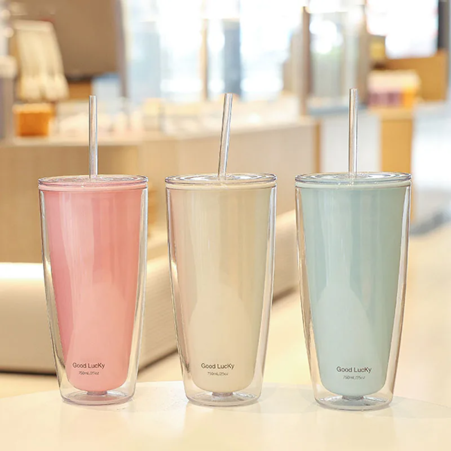 Vasos de plástico sin BPA de 750ml con tapas y pajita, botella de agua de doble capa, taza de café para beber, jugo, leche, taza con pajita