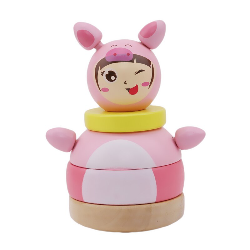 Cartoon Wooden Educational Block Toys Tumbler Doll Roly-poly Mobile Toy for Baby Newborns Kids Stacking Game: Pink