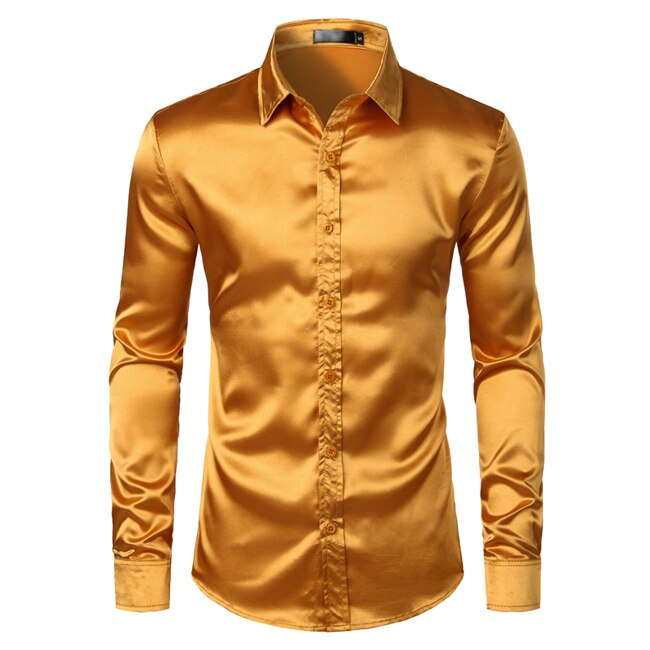 Chemise en satin noir pour homme, vêtement en soie lisse, coupe mince près du corps style smoking, idéal pour une fête décontractée, un mariage ou un bal, collection luxe: Gold / US Size S