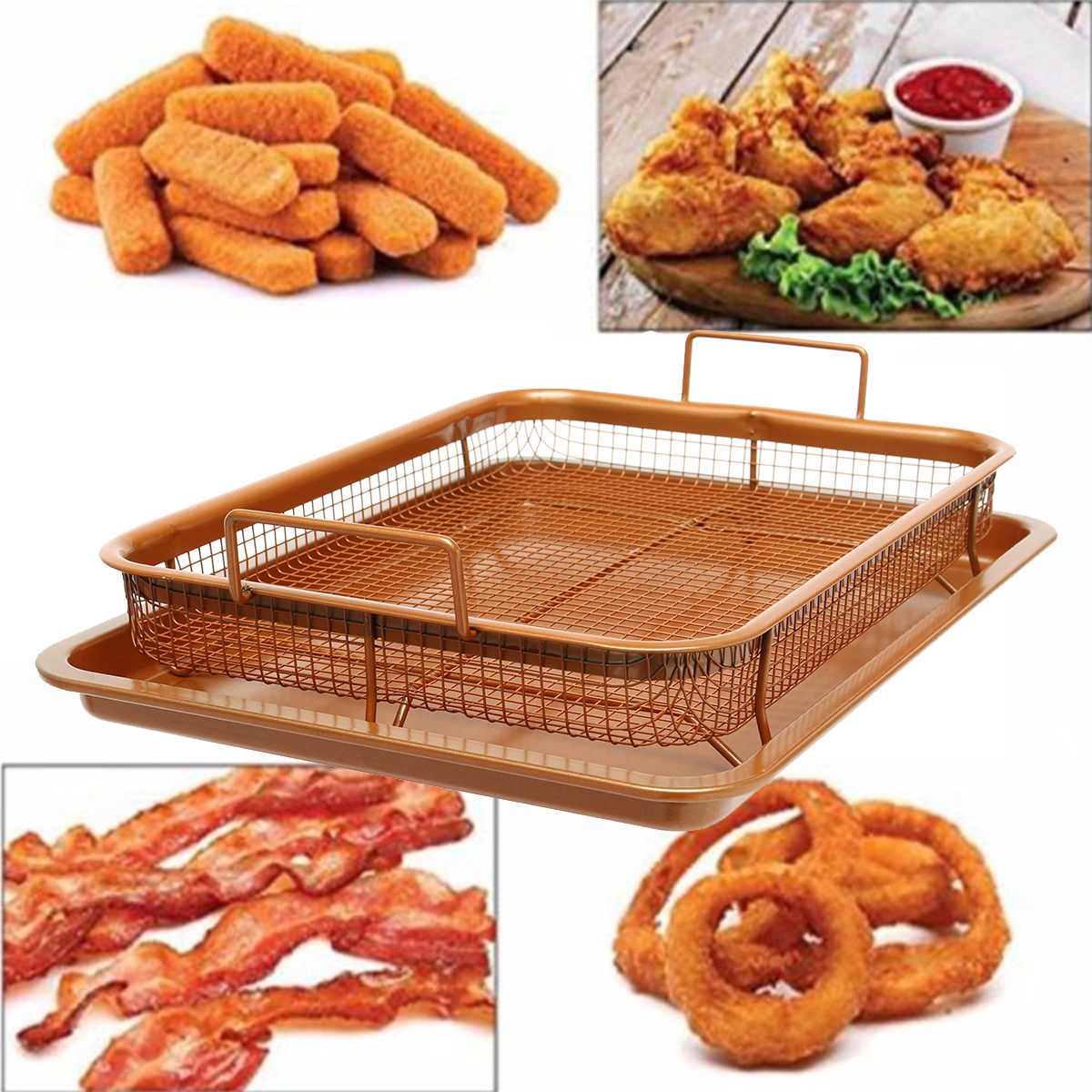 Bandeja para hornear de 2 capas, horno de aceite, bandeja para barbacoa, cesta antiadherente para patatas fritas, plato para hornear, herramientas de cocina de malla para parrilla