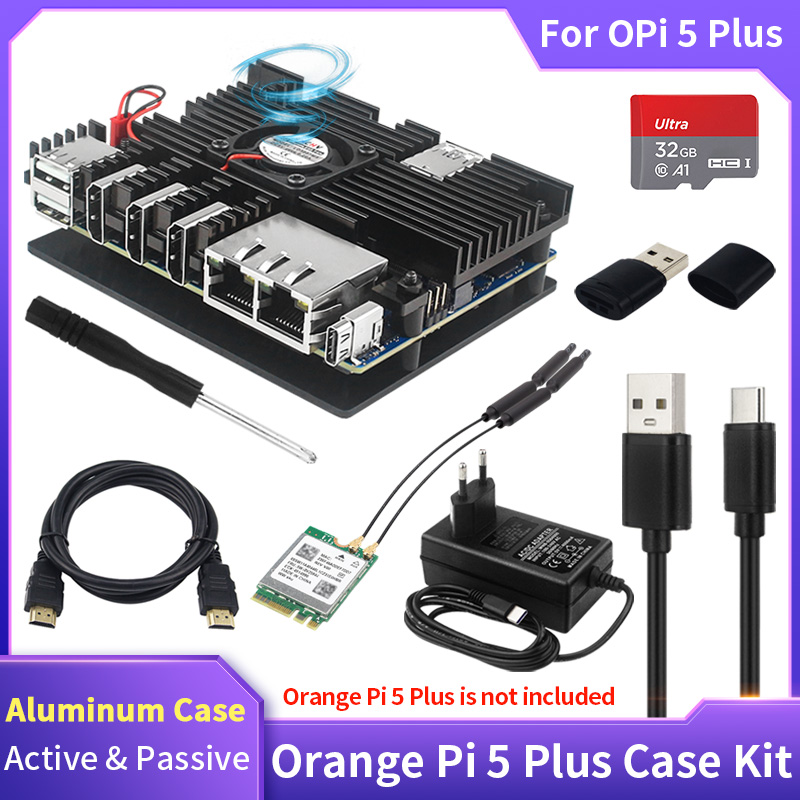 Orange  pi 5 plus aluminium behuizing met actieve en passieve metalen koeling, ventilator en koelribben, metalen behuizing voor orange  pi 5 plus