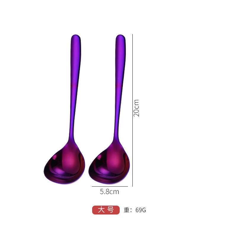 2pcs set, colorful stainless steel soup spoon for dinner serving, long handle ladle, korean noodle spoon, kitchen spoon cooking: Purple 2pcs
