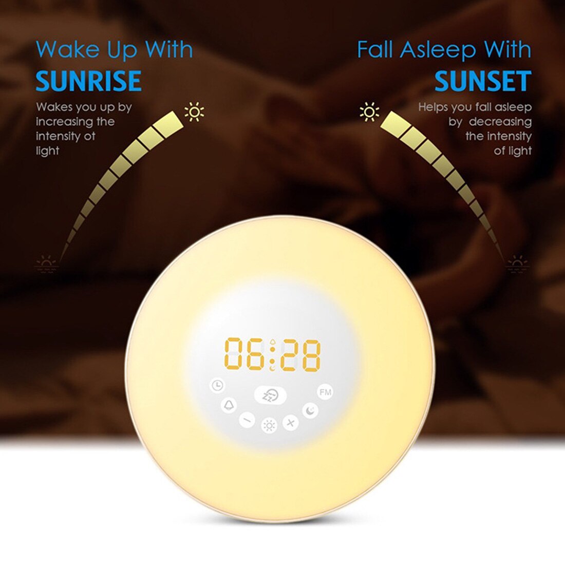 1PCS LED Wake Up Light Alarm Clock Touch Sensing Digital Alarm Clock Sunset With FM Radio Colorful Light Mode Nature Sound
