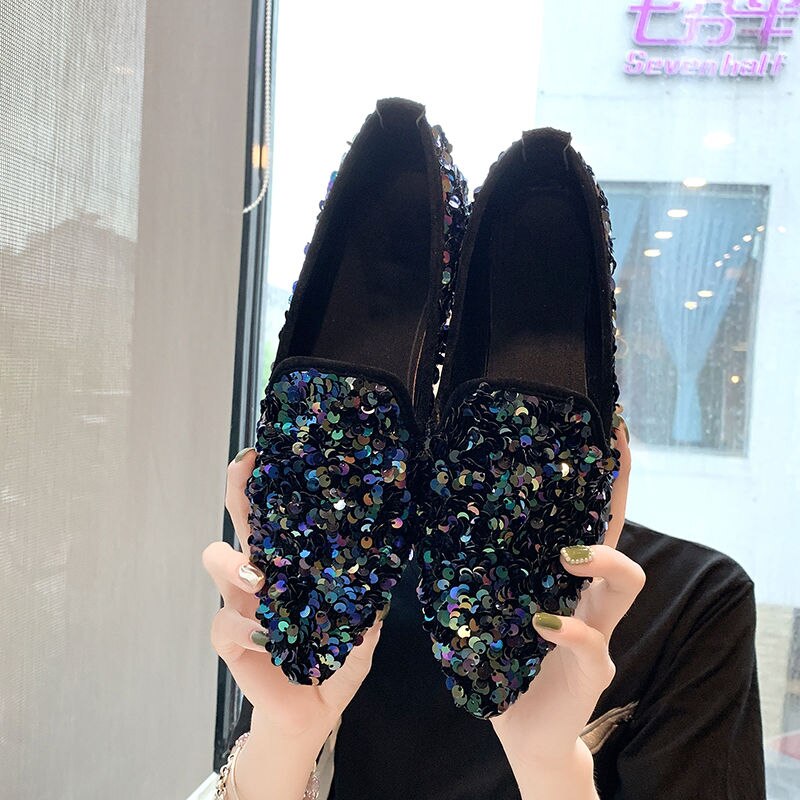 femmes Ballet chaussures loisirs printemps automne ballerine Bling Flash paillettes chaussures plates princesse brillant pointu chaussures de mariage: Bleu / 40