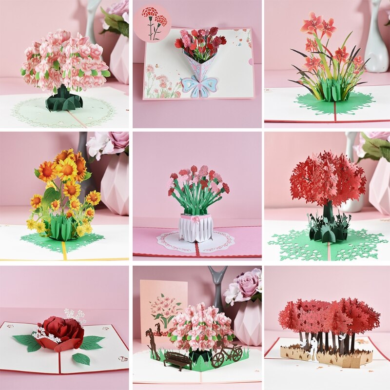 3d pop-up blomst blomster lykønskningskort til fødselsdag mødre fars dag eksamen bryllupsdag